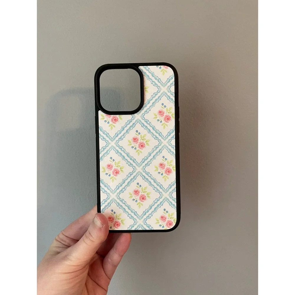 iPhone Case 15 Pro Max Unisex Blue Pink Floral Trellis Protective Bumper